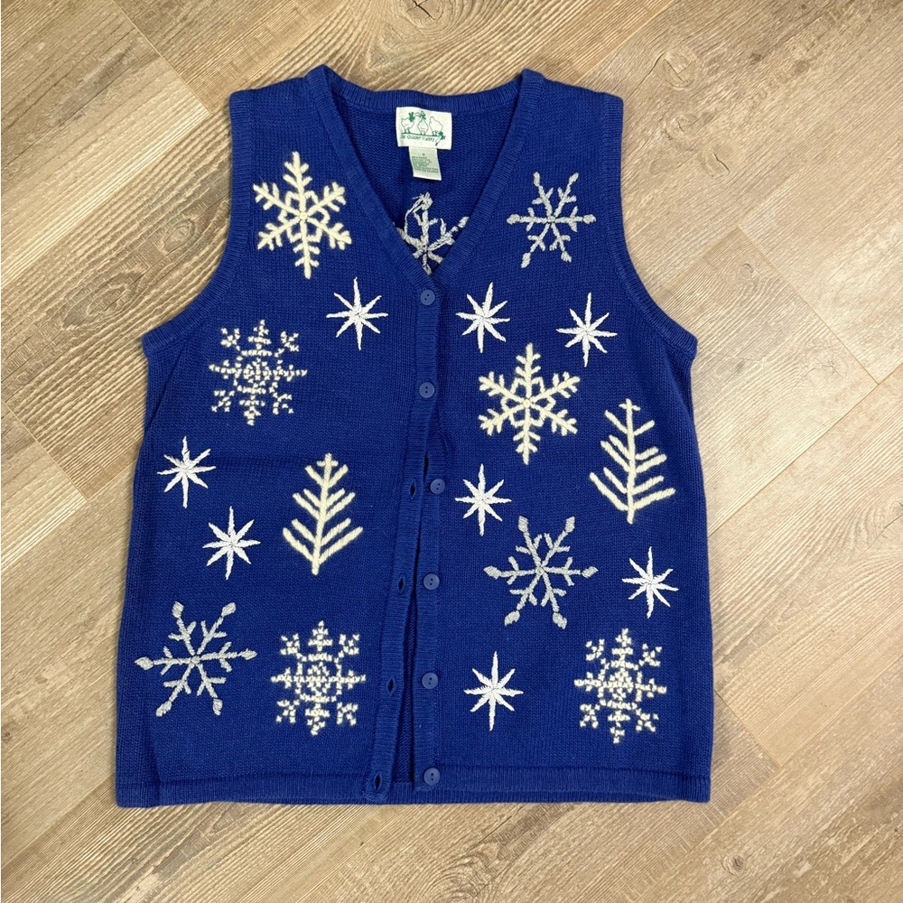 Blue Cotton Ramie 3D embroidered Snowflake Sweater Vest